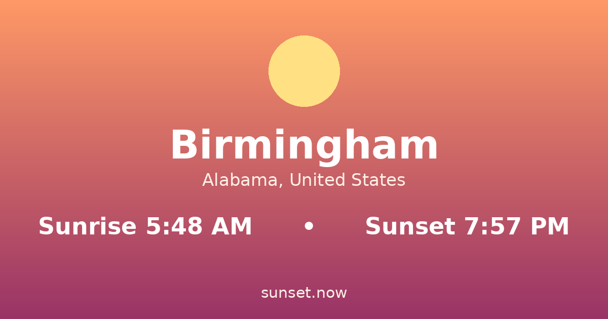 Sunrise & sunset times in Birmingham, Alabama — sunrise 5:48 AM, sunset 7:57 PM