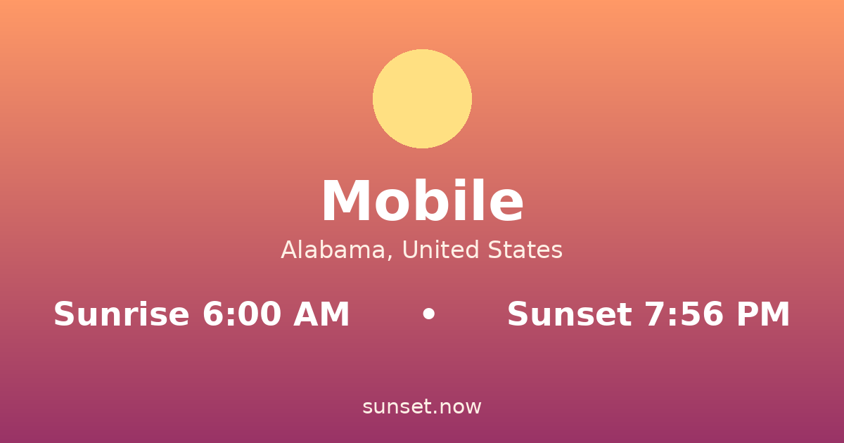 Sunrise & sunset times in Mobile, Alabama — sunrise 6:00 AM, sunset 7:56 PM
