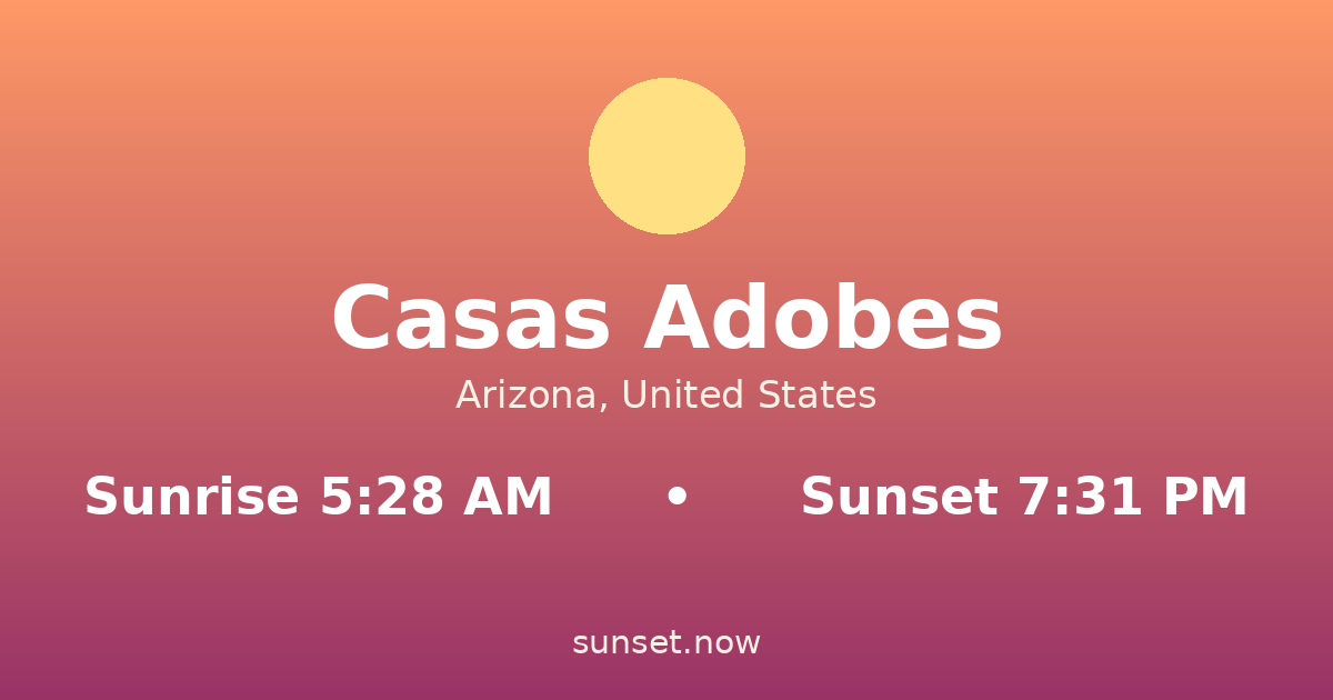 Sunrise & sunset times in Casas Adobes, Arizona — sunrise 5:28 AM, sunset 7:31 PM