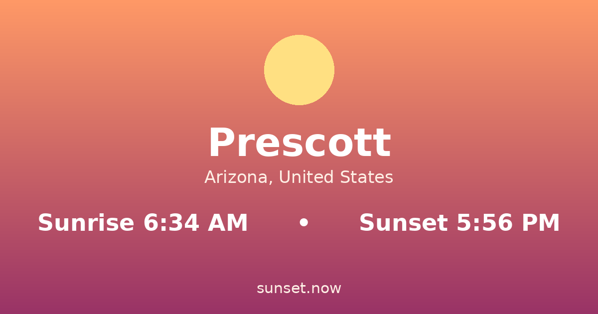 Sunrise & sunset times in Prescott, Arizona — sunrise 6:34 AM, sunset 5:56 PM