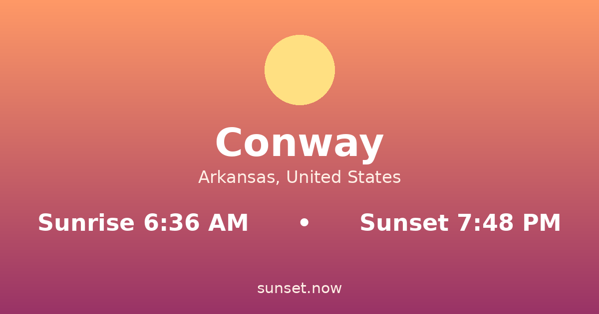 Sunrise & sunset times in Conway, Arkansas — sunrise 6:36 AM, sunset 7:48 PM