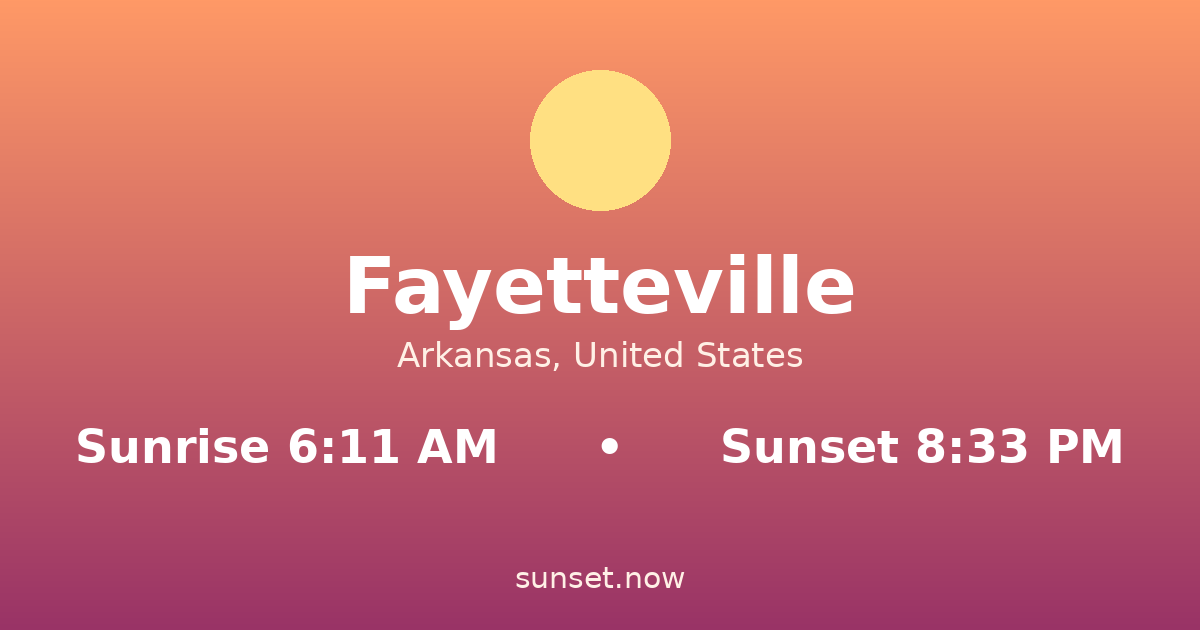 Sunrise & sunset times in Fayetteville, Arkansas — sunrise 6:11 AM, sunset 8:33 PM