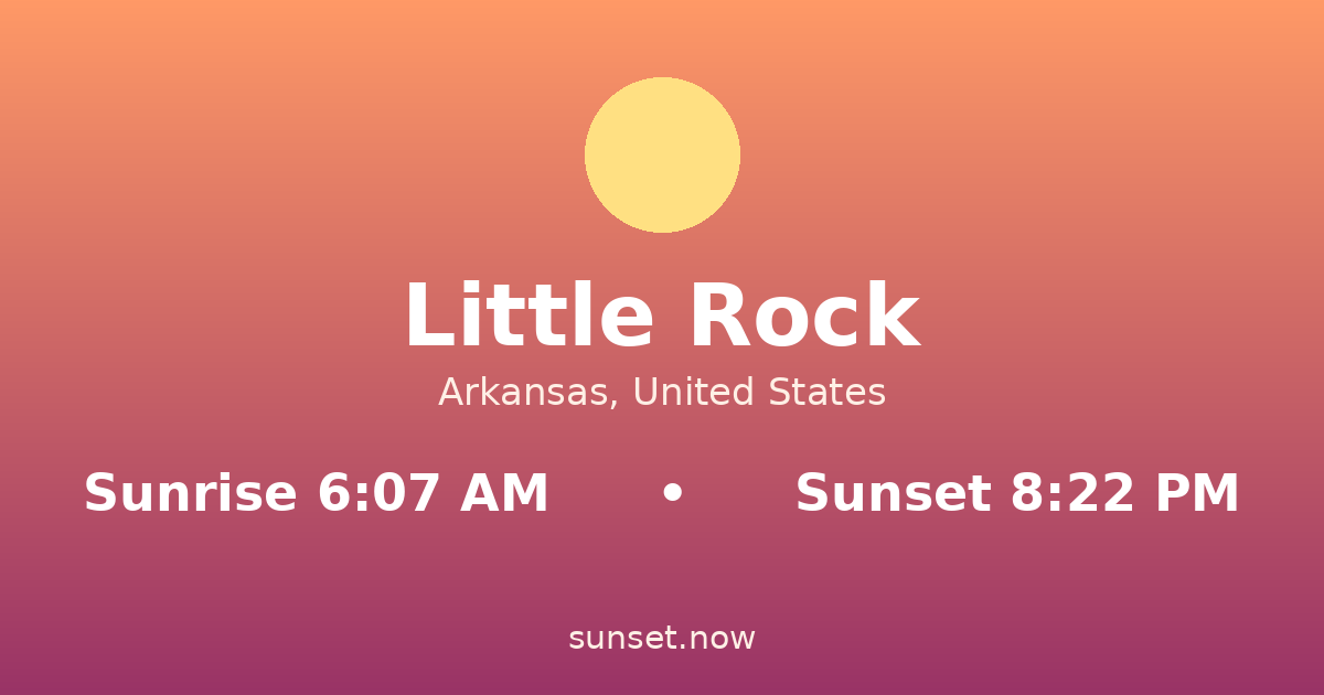 Sunrise & sunset times in Little Rock, Arkansas — sunrise 6:07 AM, sunset 8:22 PM