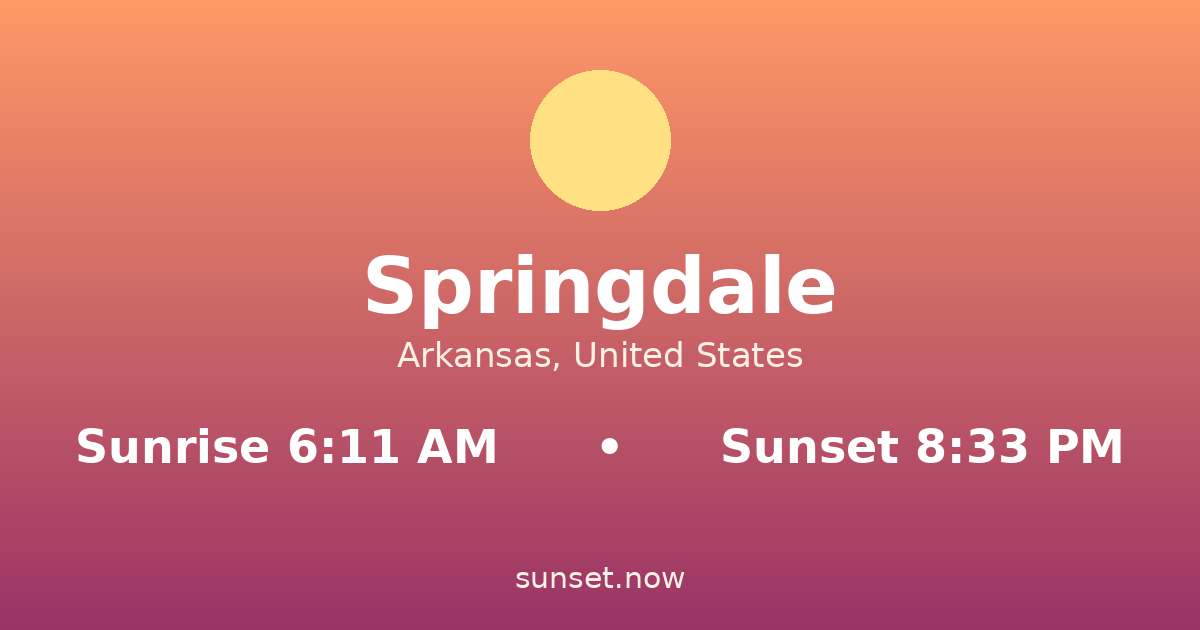 Sunrise & sunset times in Springdale, Arkansas — sunrise 6:11 AM, sunset 8:33 PM