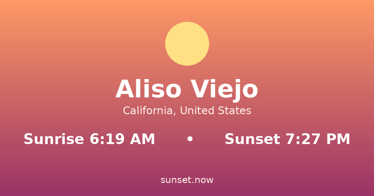 Sunrise & sunset times in Aliso Viejo, California — sunrise 6:19 AM, sunset 7:27 PM