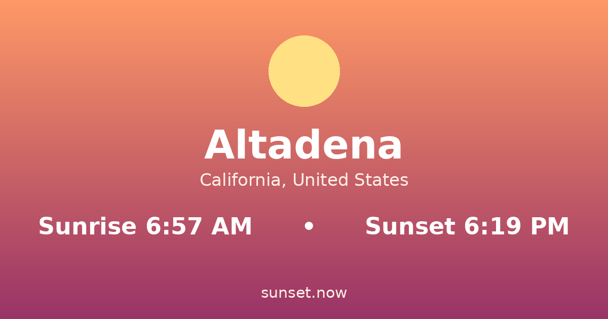 Sunrise & sunset times in Altadena, California — sunrise 6:57 AM, sunset 6:19 PM