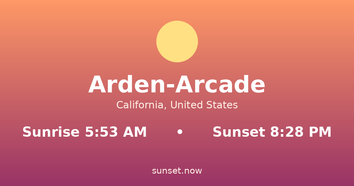 Sunrise & sunset times in Arden-Arcade, California — sunrise 5:53 AM, sunset 8:28 PM