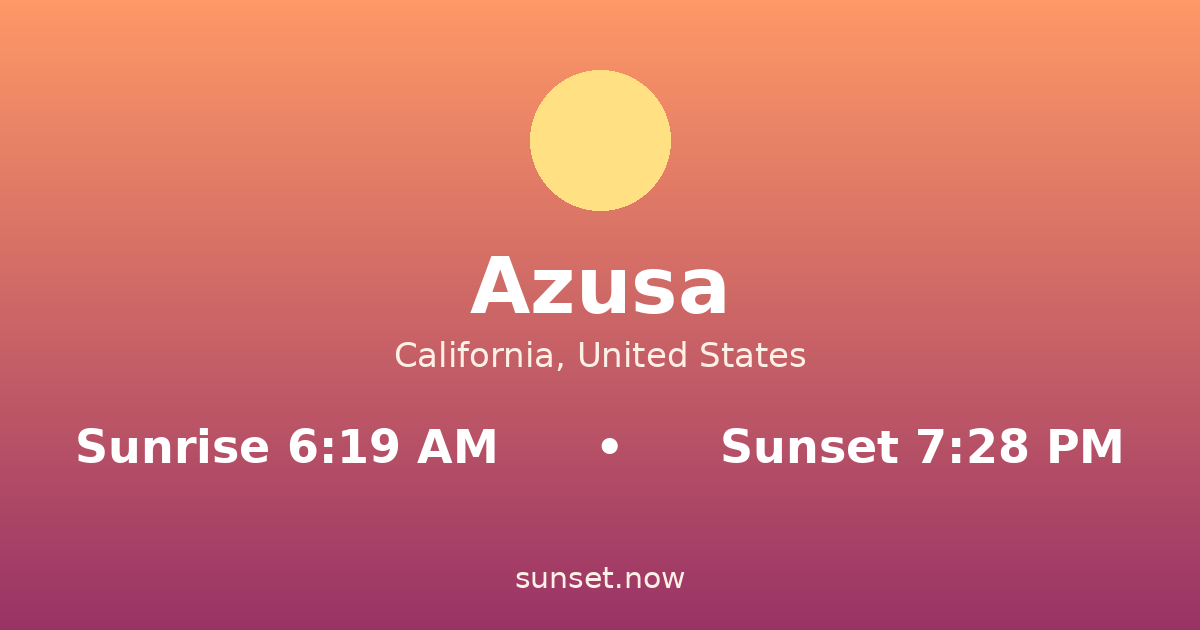 Sunrise & sunset times in Azusa, California — sunrise 6:19 AM, sunset 7:28 PM