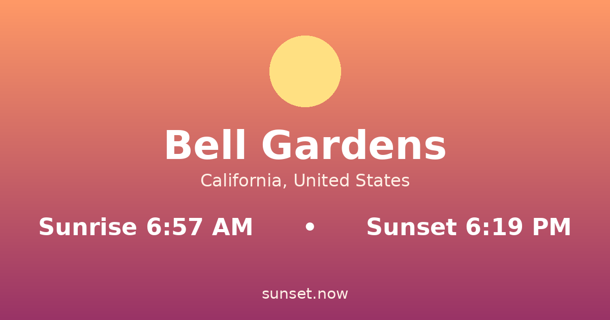 Sunrise & sunset times in Bell Gardens, California — sunrise 6:57 AM, sunset 6:19 PM