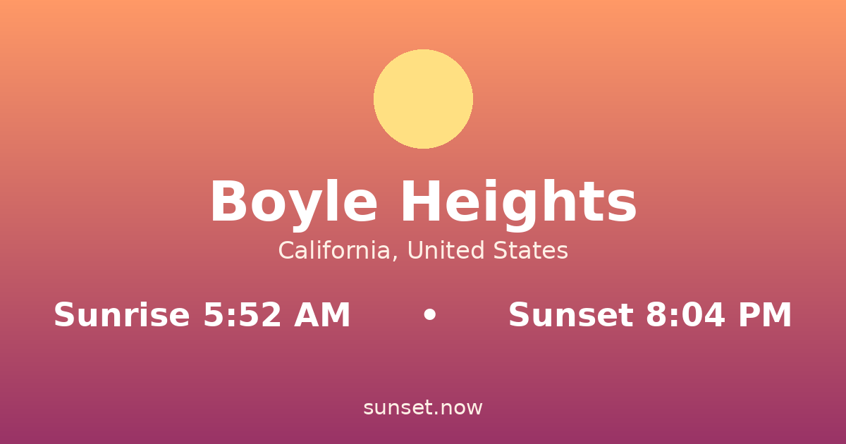 Sunrise & sunset times in Boyle Heights, California — sunrise 5:52 AM, sunset 8:04 PM