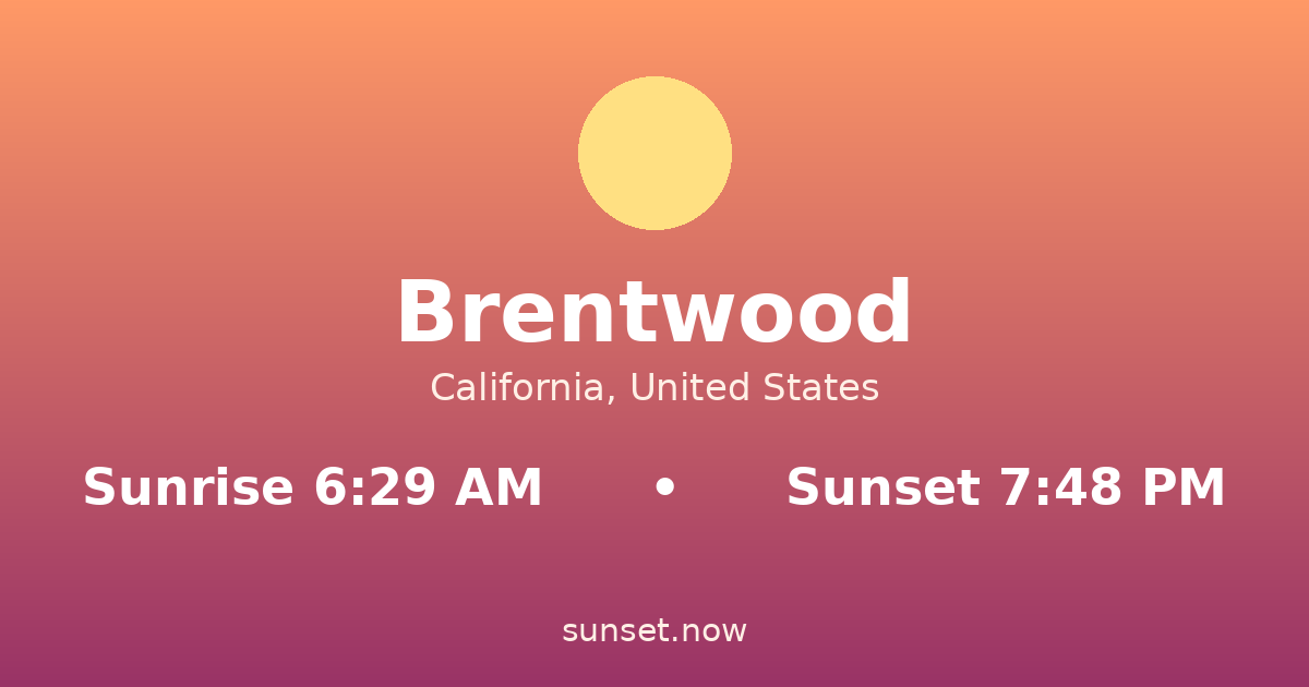 Sunrise & sunset times in Brentwood, California — sunrise 6:29 AM, sunset 7:48 PM