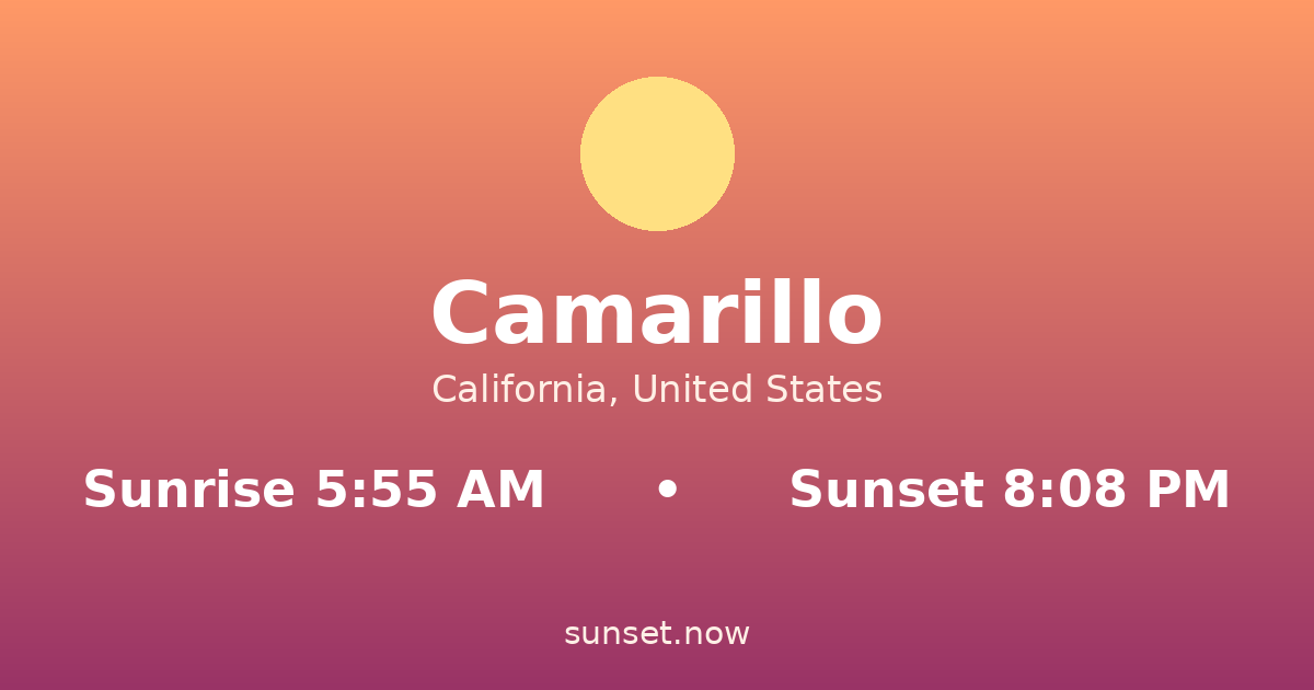 Sunrise & sunset times in Camarillo, California — sunrise 5:55 AM, sunset 8:08 PM