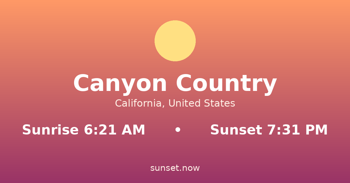 Sunrise & sunset times in Canyon Country, California — sunrise 6:21 AM, sunset 7:31 PM