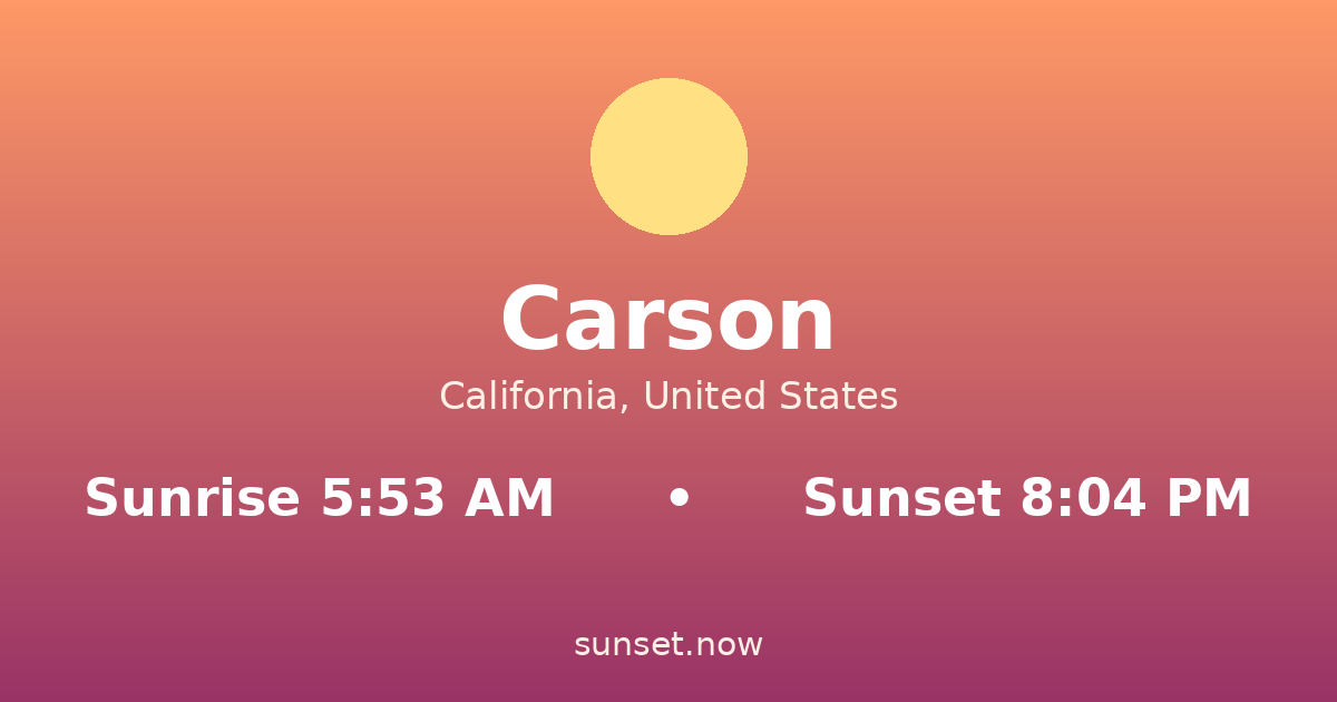Sunrise & sunset times in Carson, California — sunrise 5:53 AM, sunset 8:04 PM