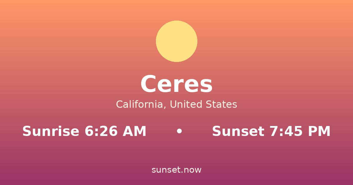 Sunrise & sunset times in Ceres, California — sunrise 6:26 AM, sunset 7:45 PM