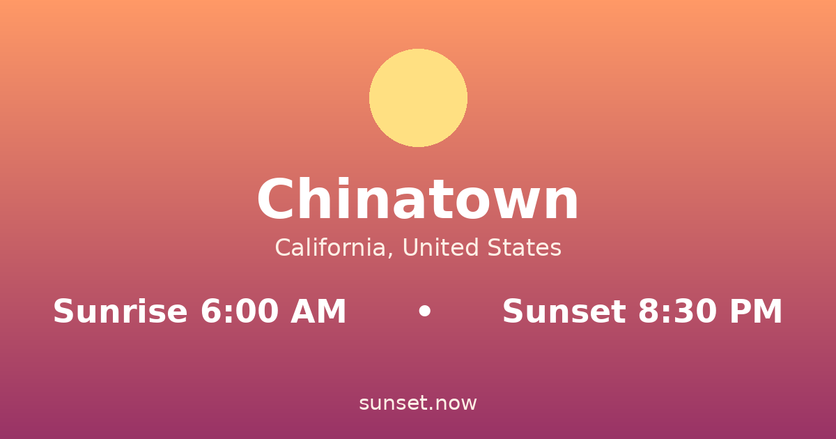 Sunrise & sunset times in Chinatown, California — sunrise 6:00 AM, sunset 8:30 PM