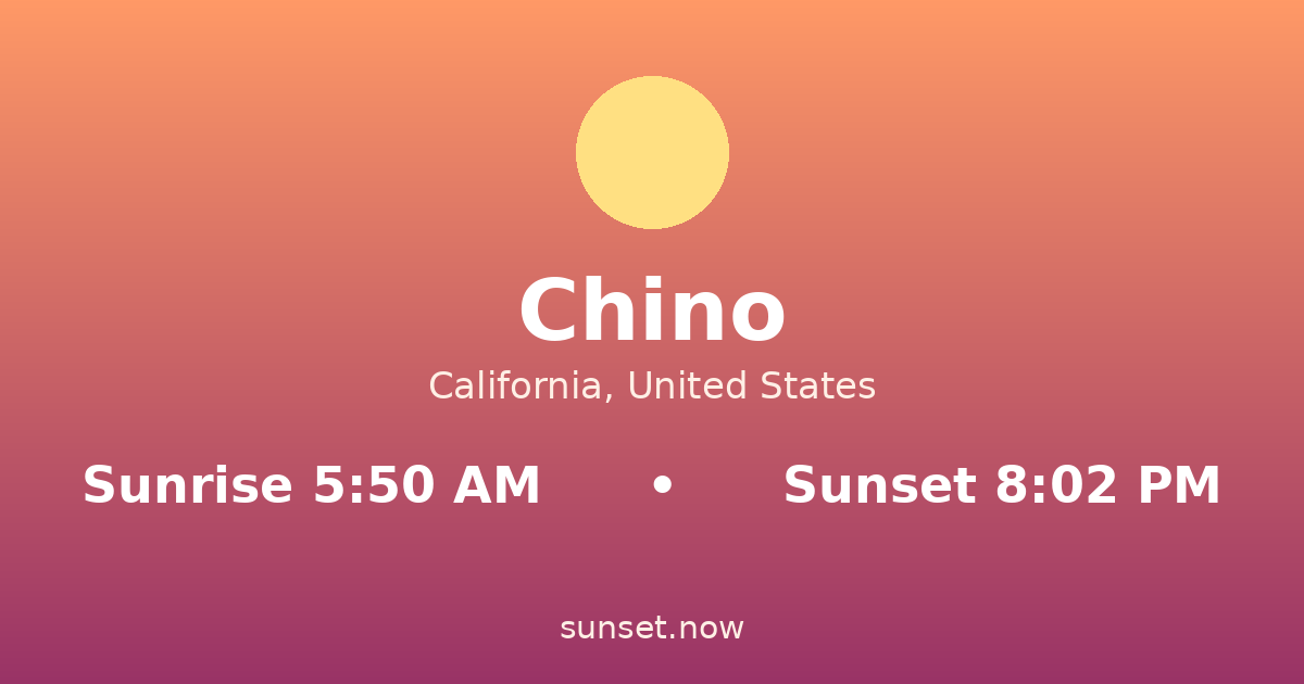 Sunrise & sunset times in Chino, California — sunrise 5:50 AM, sunset 8:02 PM