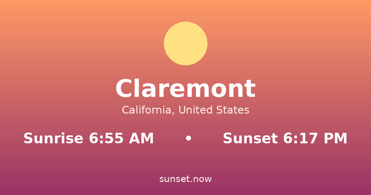 Sunrise & sunset times in Claremont, California — sunrise 6:55 AM, sunset 6:17 PM