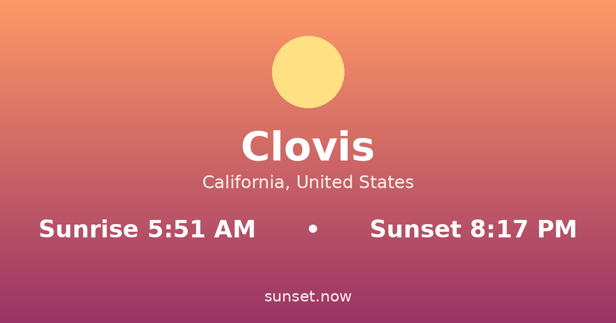 Sunrise & sunset times in Clovis, California — sunrise 5:51 AM, sunset 8:17 PM
