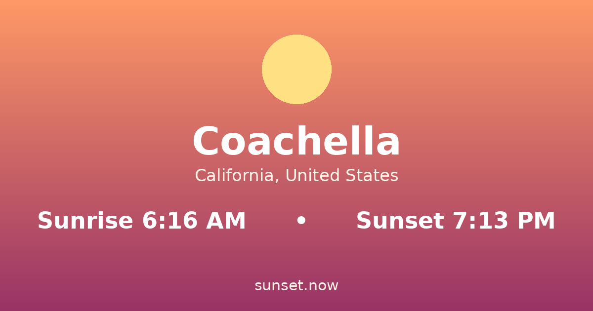 Sunrise & sunset times in Coachella, California — sunrise 6:16 AM, sunset 7:13 PM