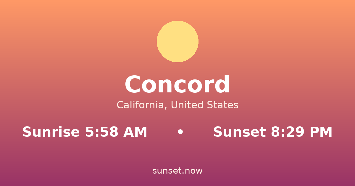 Sunrise & sunset times in Concord, California — sunrise 5:58 AM, sunset 8:29 PM