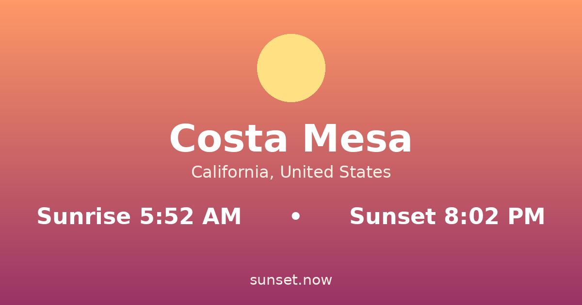 Sunrise & sunset times in Costa Mesa, California — sunrise 5:52 AM, sunset 8:02 PM