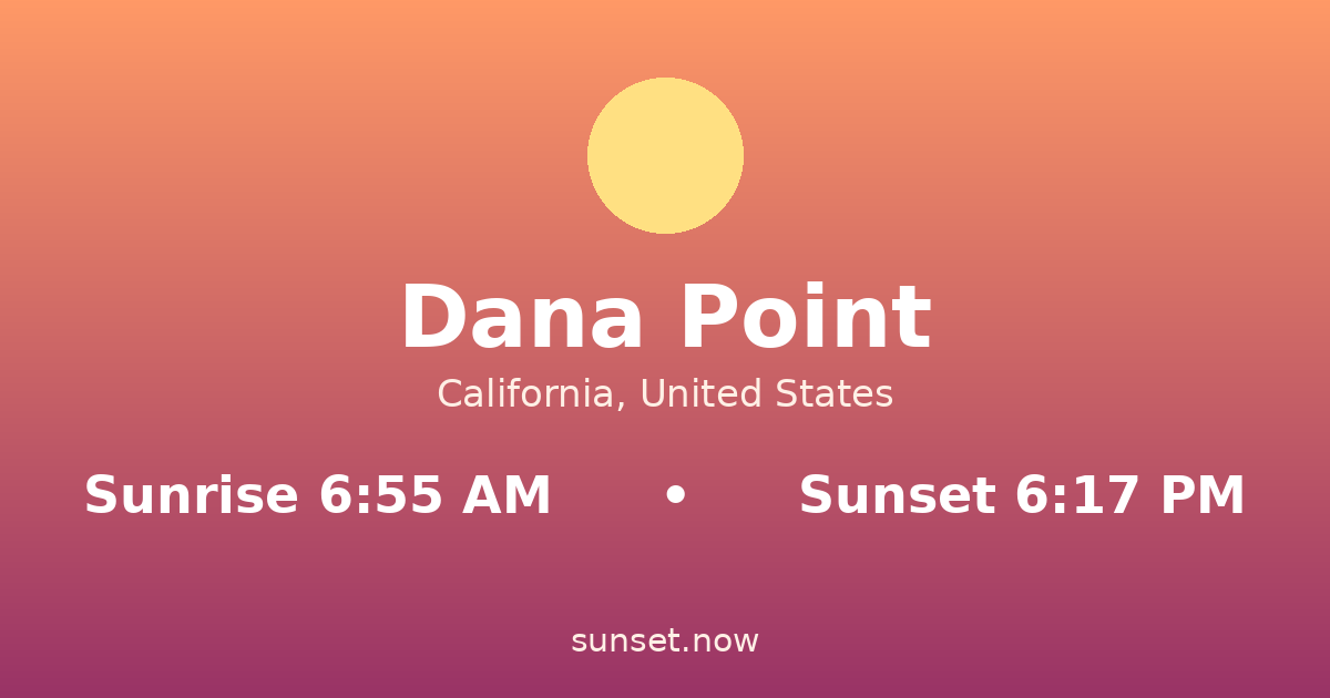 Sunrise & sunset times in Dana Point, California — sunrise 6:55 AM, sunset 6:17 PM