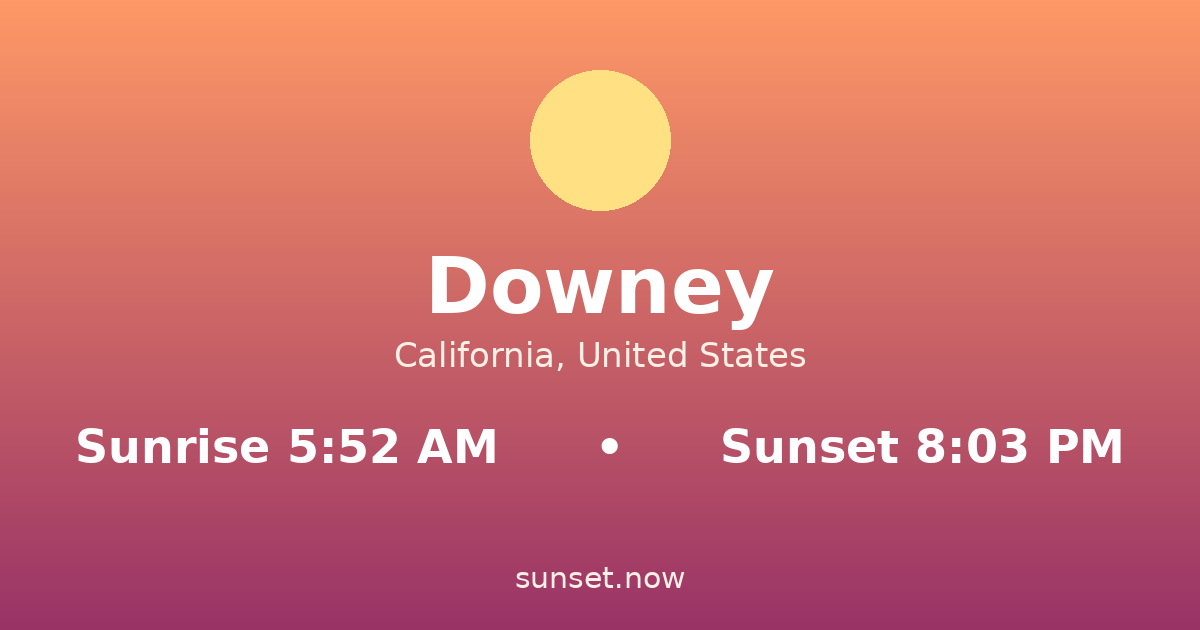 Sunrise & sunset times in Downey, California — sunrise 5:52 AM, sunset 8:03 PM