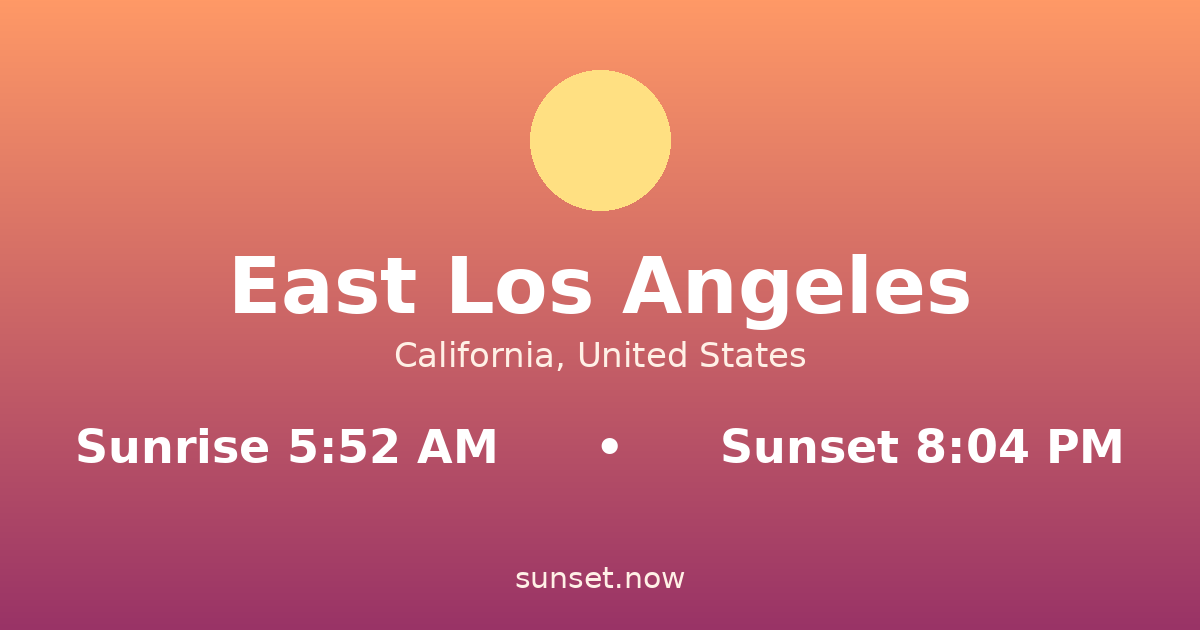 Sunrise & sunset times in East Los Angeles, California — sunrise 5:52 AM, sunset 8:04 PM