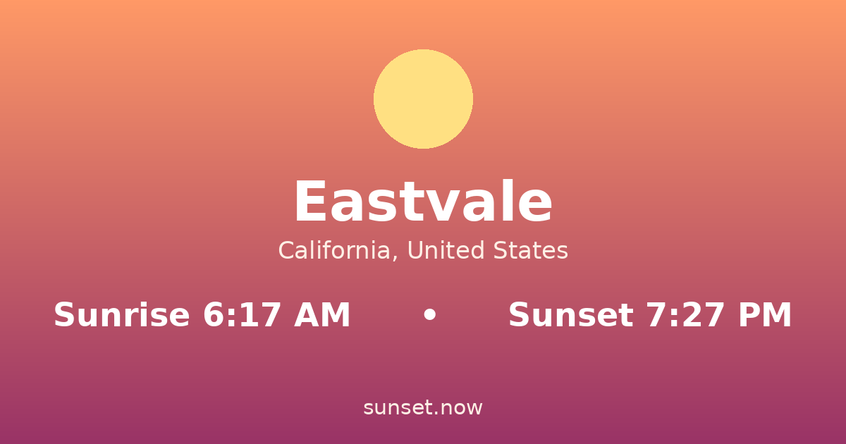 Sunrise & sunset times in Eastvale, California — sunrise 6:17 AM, sunset 7:27 PM