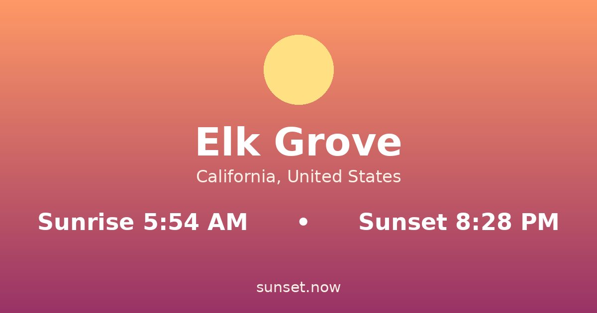 Sunrise & sunset times in Elk Grove, California — sunrise 5:54 AM, sunset 8:28 PM