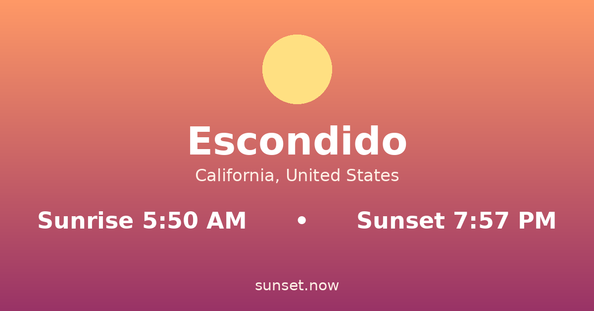 Sunrise & sunset times in Escondido, California — sunrise 5:50 AM, sunset 7:57 PM