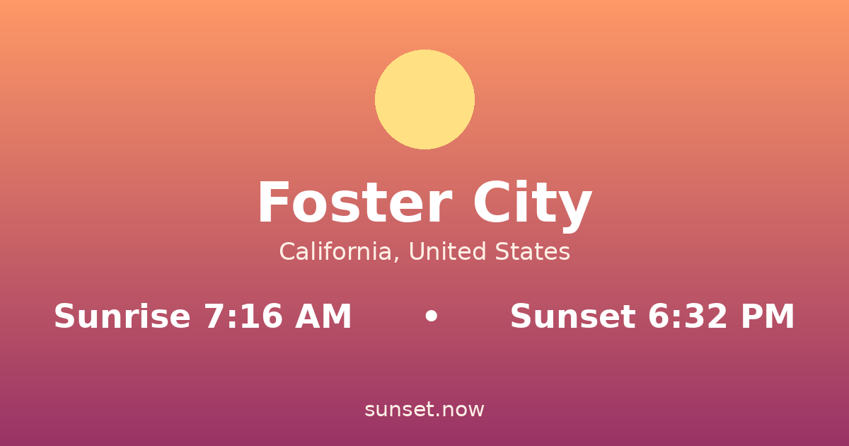 Sunrise & sunset times in Foster City, California — sunrise 7:16 AM, sunset 6:32 PM