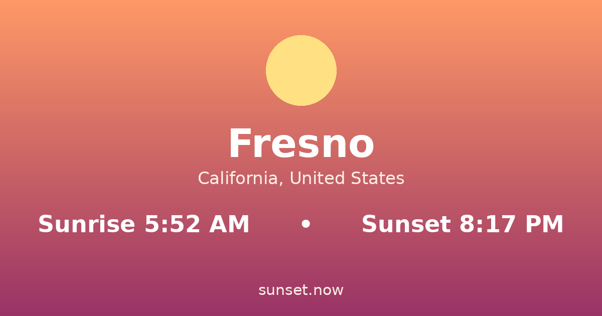 Sunrise & sunset times in Fresno, California — sunrise 5:52 AM, sunset 8:17 PM