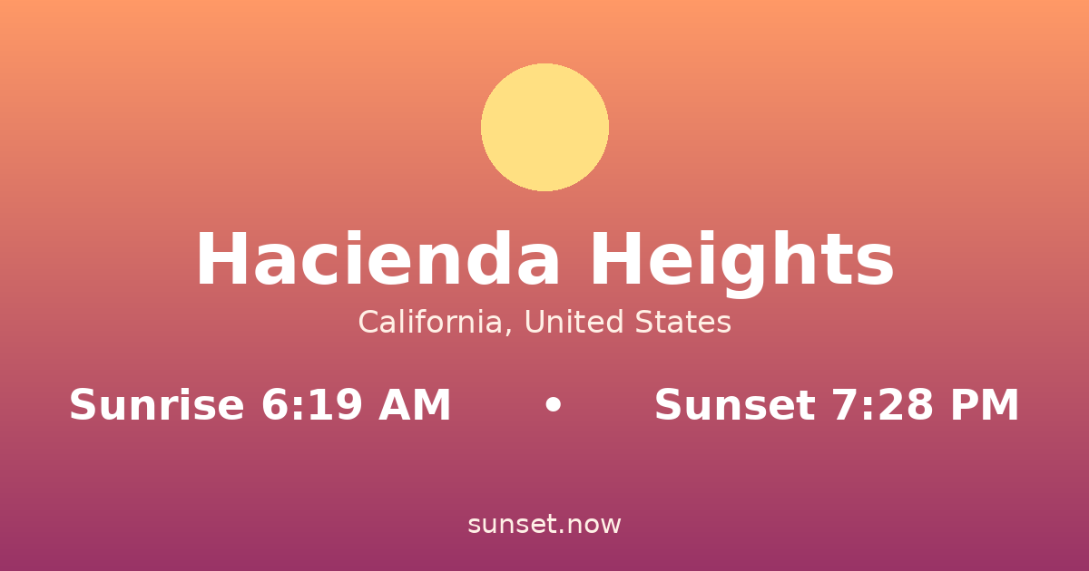 Sunrise & sunset times in Hacienda Heights, California — sunrise 6:19 AM, sunset 7:28 PM