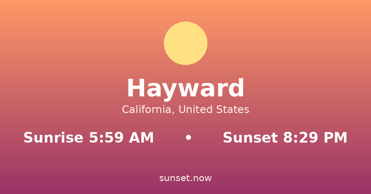 Sunrise & sunset times in Hayward, California — sunrise 5:59 AM, sunset 8:29 PM