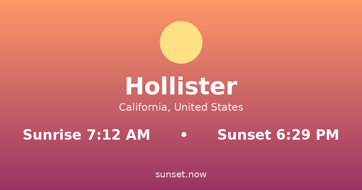 Sunrise & sunset times in Hollister, California — sunrise 7:12 AM, sunset 6:29 PM