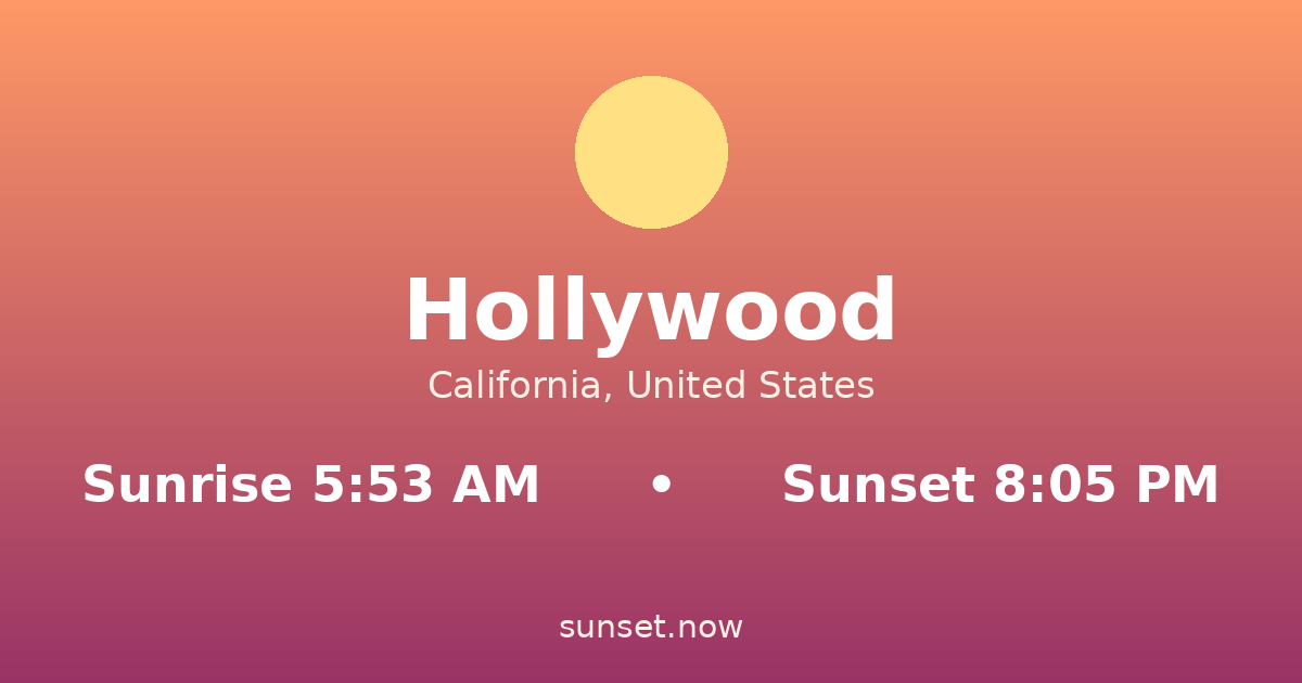Sunrise & sunset times in Hollywood, California — sunrise 5:53 AM, sunset 8:05 PM