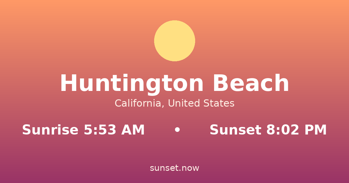 Sunrise & sunset times in Huntington Beach, California — sunrise 5:53 AM, sunset 8:02 PM