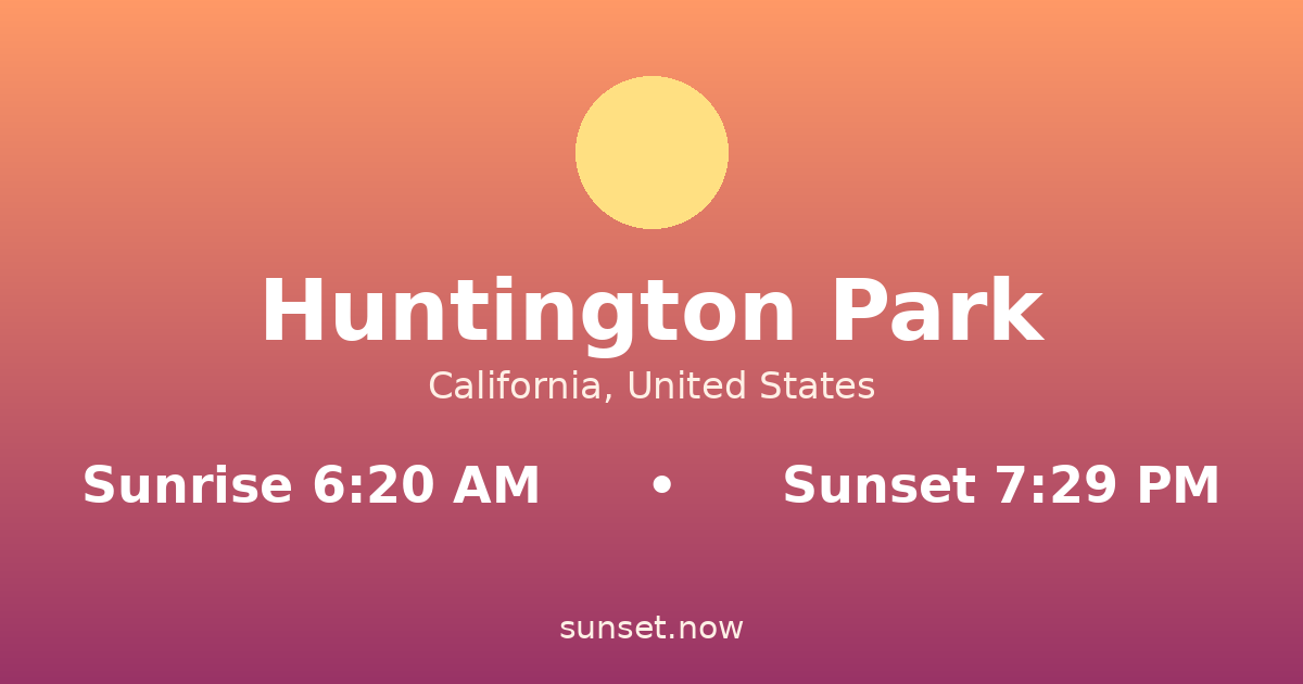 Sunrise & sunset times in Huntington Park, California — sunrise 6:20 AM, sunset 7:29 PM