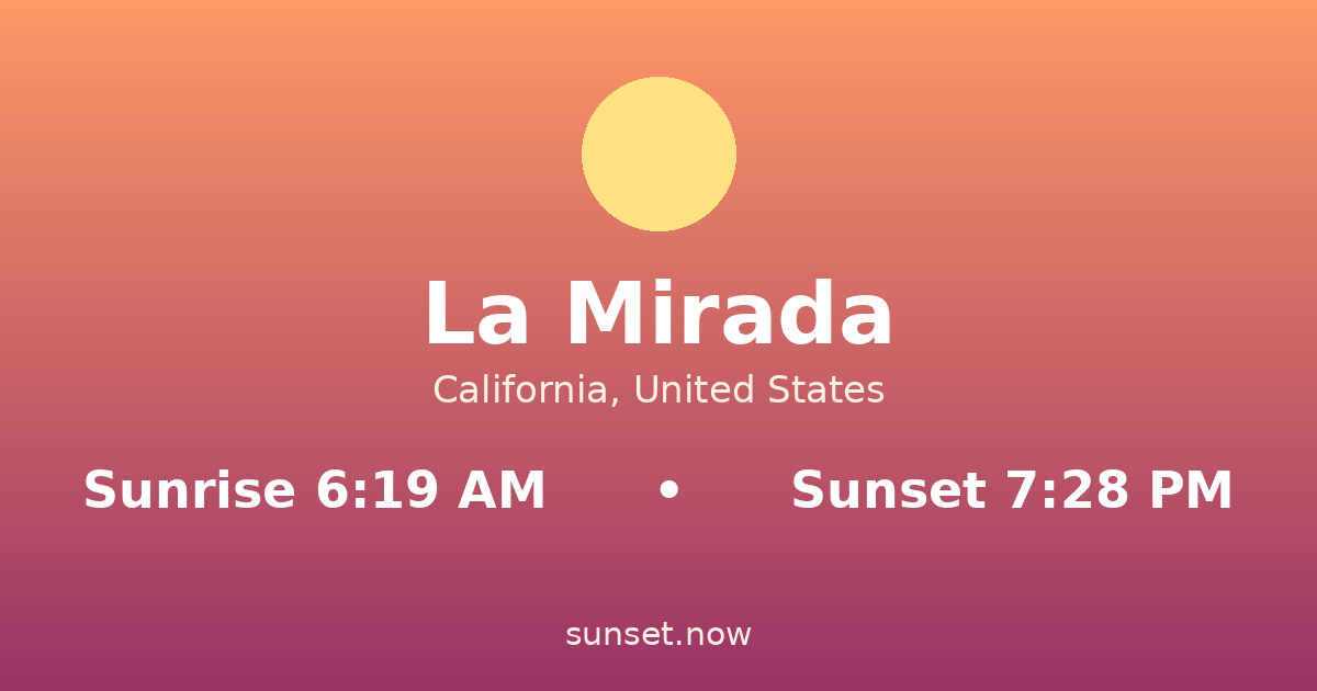 Sunrise & sunset times in La Mirada, California — sunrise 6:19 AM, sunset 7:28 PM