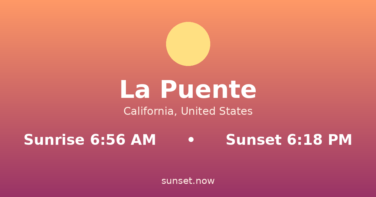 Sunrise & sunset times in La Puente, California — sunrise 6:56 AM, sunset 6:18 PM