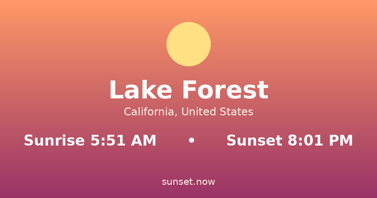 Sunrise & sunset times in Lake Forest, California — sunrise 5:51 AM, sunset 8:01 PM