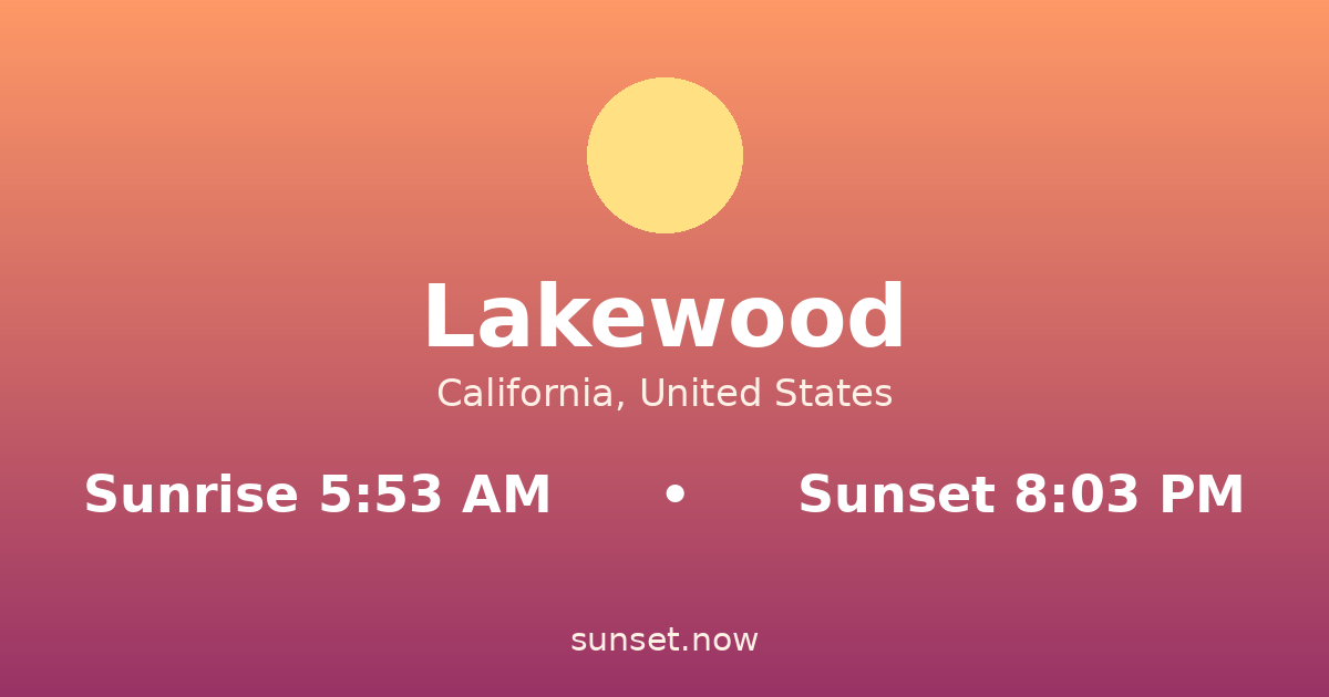 Sunrise & sunset times in Lakewood, California — sunrise 5:53 AM, sunset 8:03 PM
