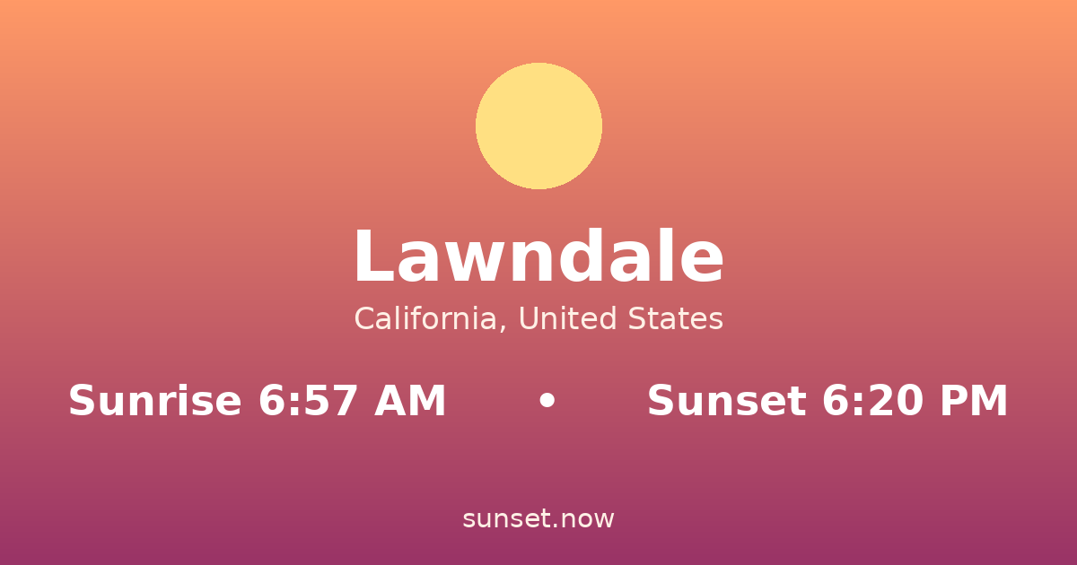 Sunrise & sunset times in Lawndale, California — sunrise 6:57 AM, sunset 6:20 PM