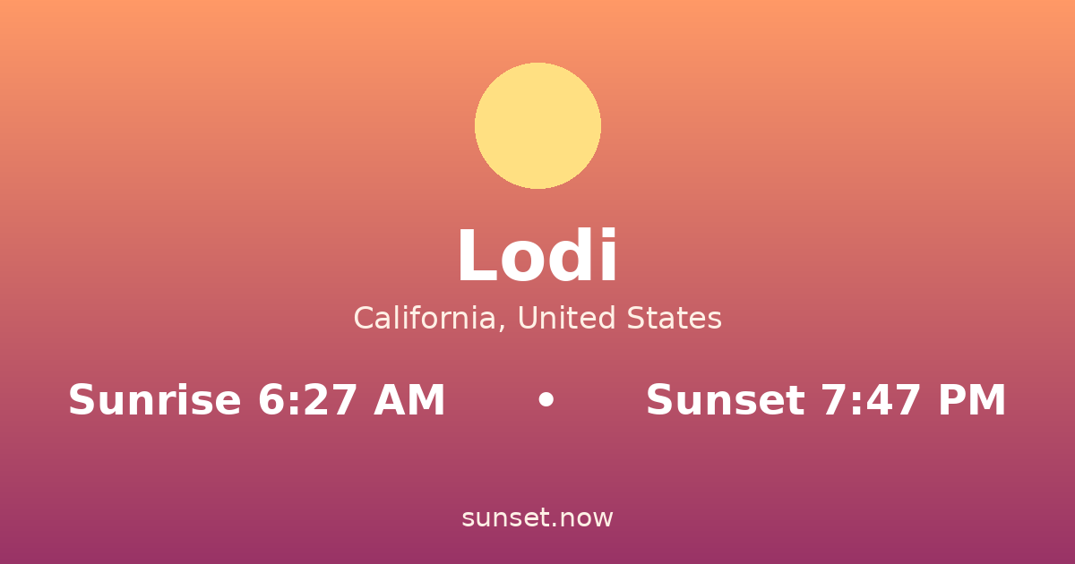 Sunrise & sunset times in Lodi, California — sunrise 6:27 AM, sunset 7:47 PM