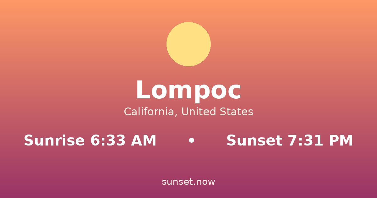 Sunrise & sunset times in Lompoc, California — sunrise 6:33 AM, sunset 7:31 PM