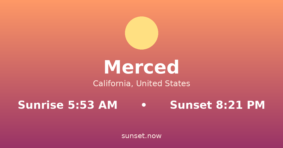 Sunrise & sunset times in Merced, California — sunrise 5:53 AM, sunset 8:21 PM
