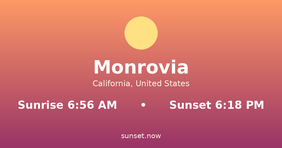 Sunrise & sunset times in Monrovia, California — sunrise 6:56 AM, sunset 6:18 PM
