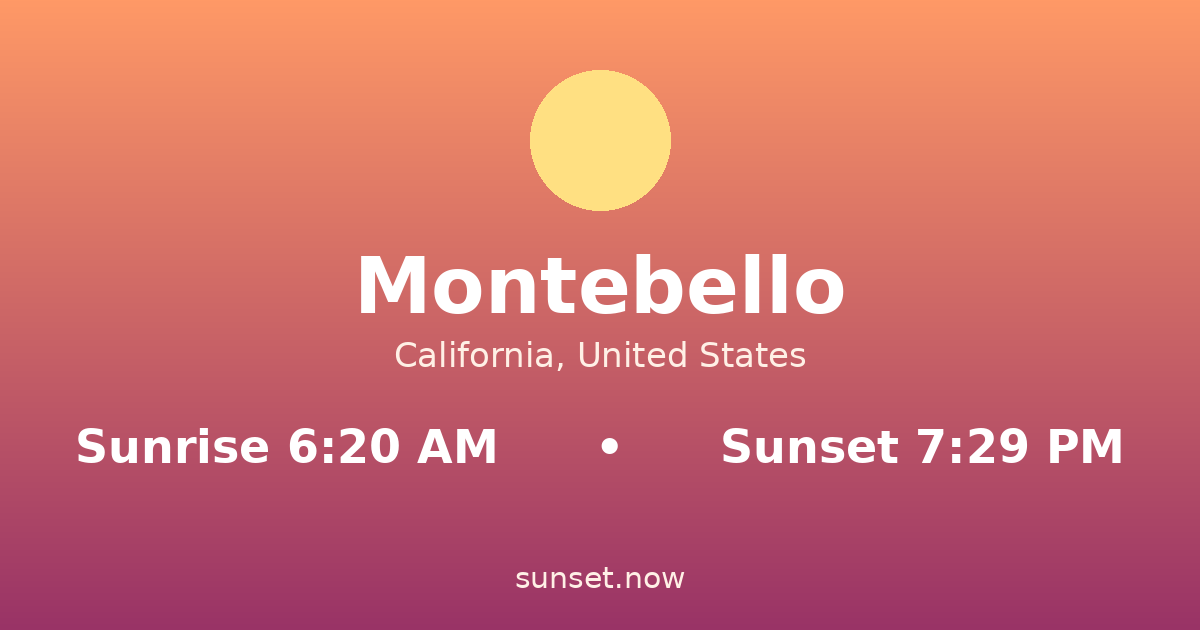 Sunrise & sunset times in Montebello, California — sunrise 6:20 AM, sunset 7:29 PM